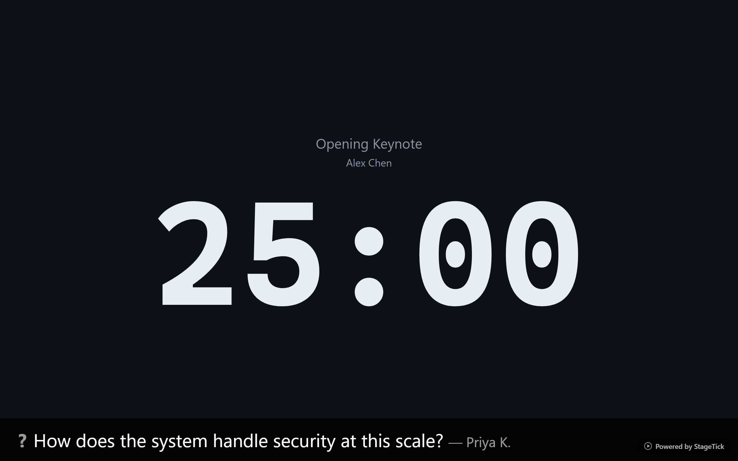 Fullscreen view with centered countdown, title, and progress bar