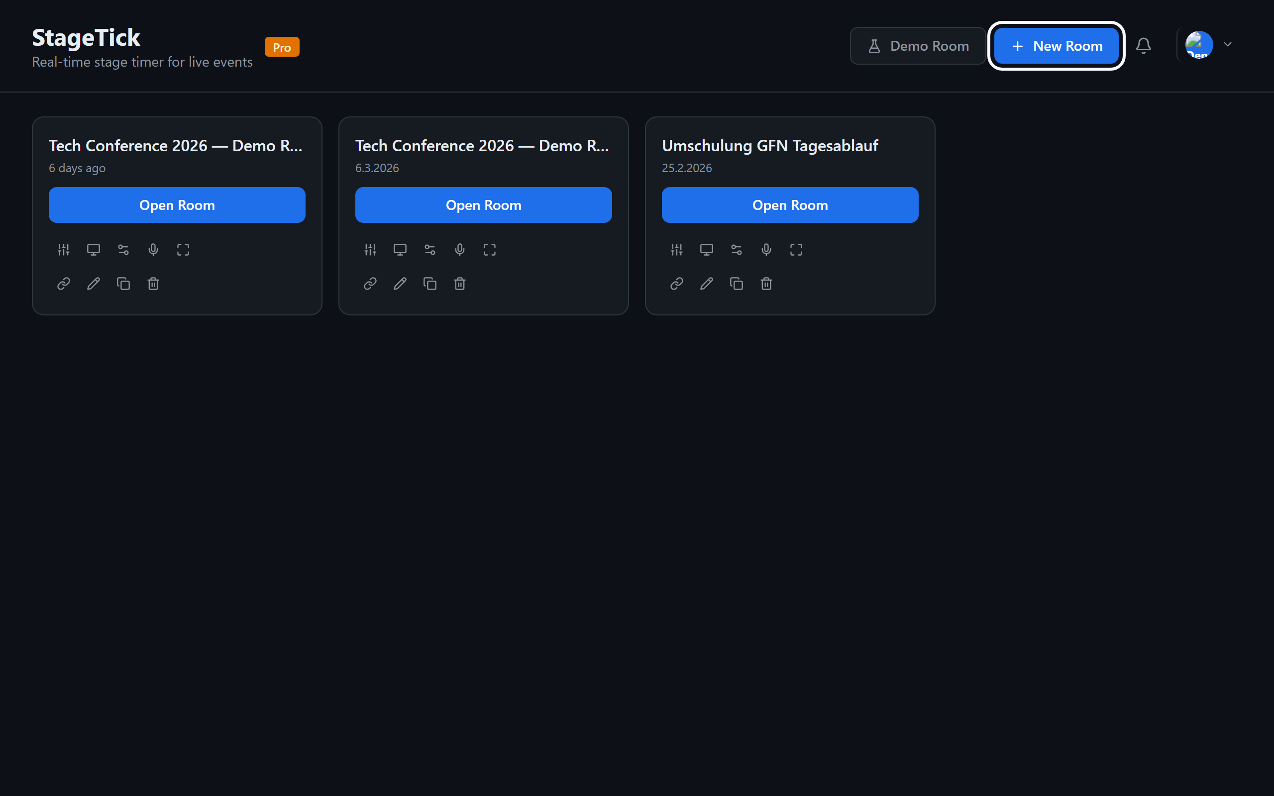 Dashboard with the New Room button highlighted