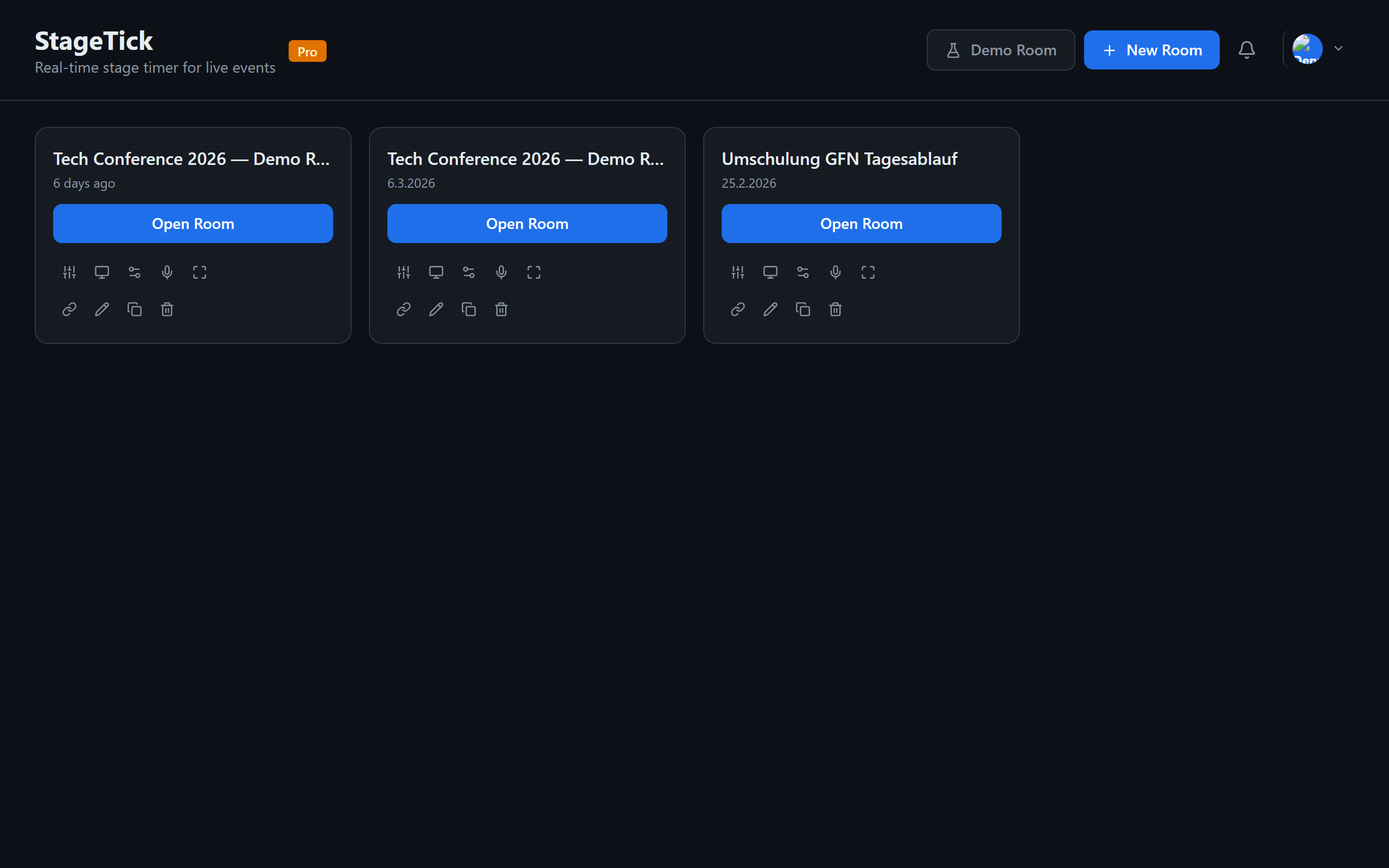 StageTick dashboard with rooms listed