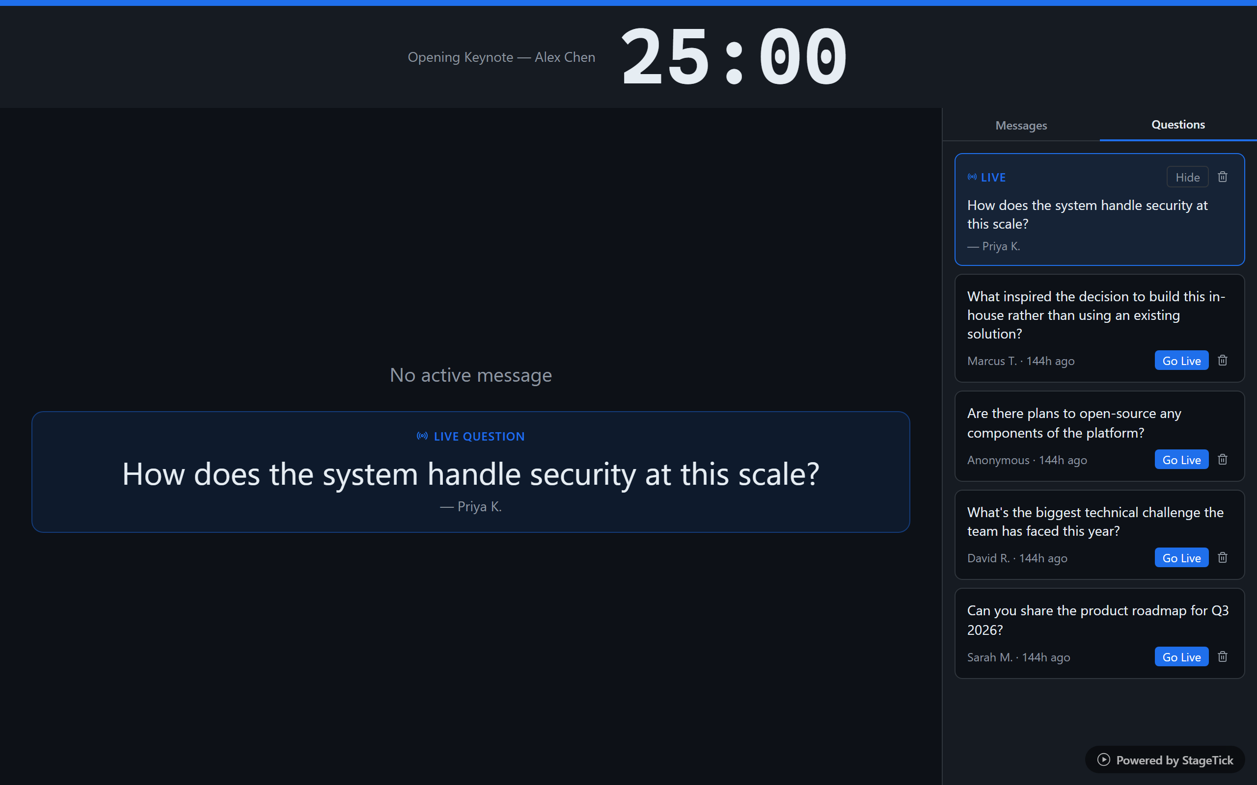 Moderator view with pending questions and action buttons